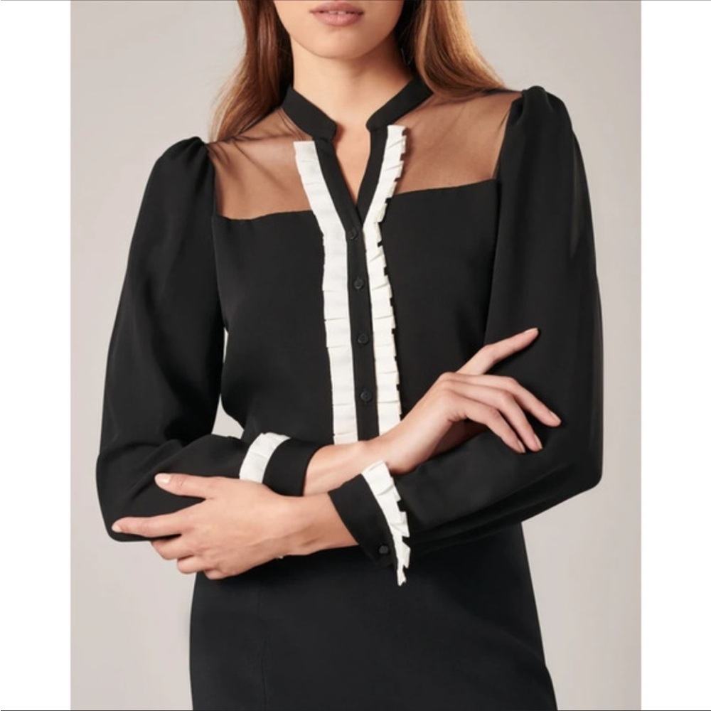 Anne Fontaine Laley Button Up Tunic Shirt Sheer Yoke Black White Sz 42 US 10